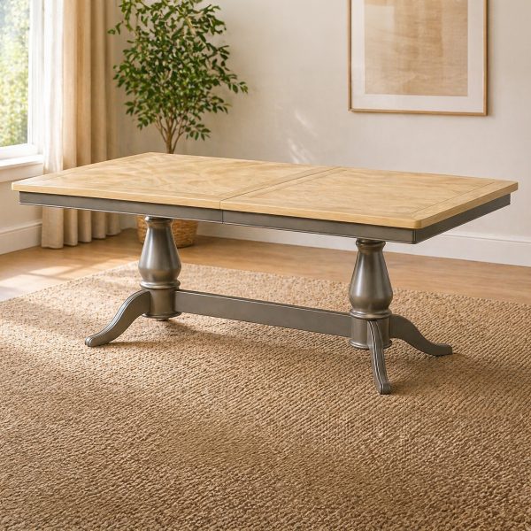 Penelope Grey Painted w/ Oak Top - Twin Pedestal Extending Dining Table