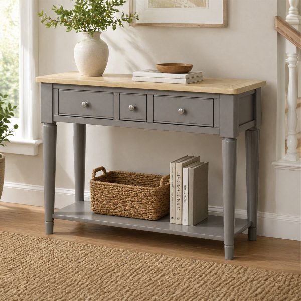 Penelope Grey Painted w/ Oak Top - 3 Drawer Console Table