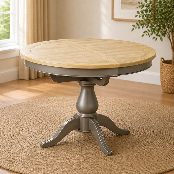 Penelope Grey Painted w/ Oak Top - Round Pedestal Extending Dining Table
