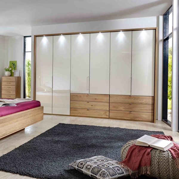 Adalind – 6 Doors Champagne Semi-Fitted Wardrobe with 6 Drawers - Left Hand Facing