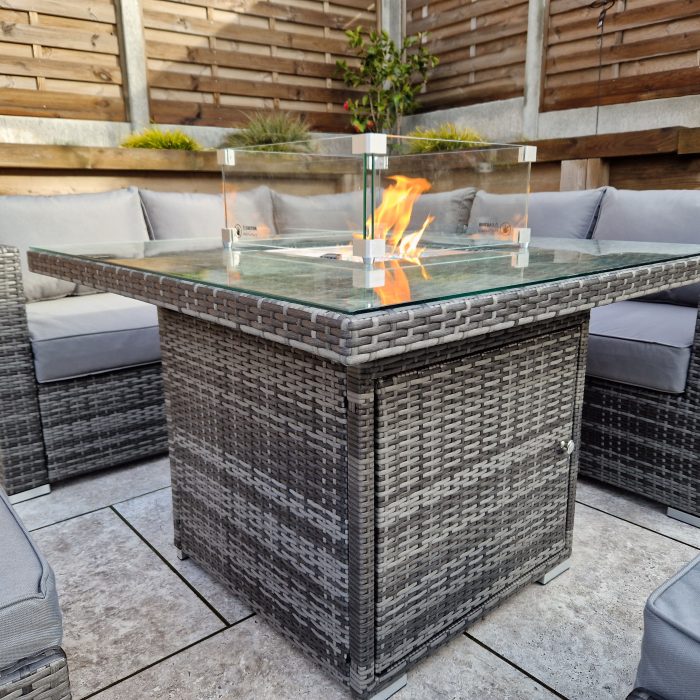 Thoresby Deluxe In Grey – Corner Sofa with Gas Fire Pit Table and 2 Ottoman Benches Thoresby Deluxe In Grey – Corner Sofa with Gas Fire Pit Table and 2 Ottoman Benches