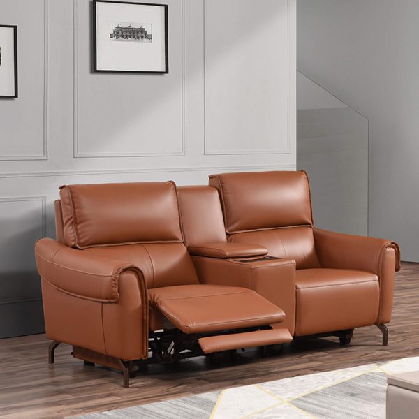 Euston Jumbo 2 Seater with Wireless Charger Console - Tan Genuine Italian Leather Sofa (Electric Reclining)