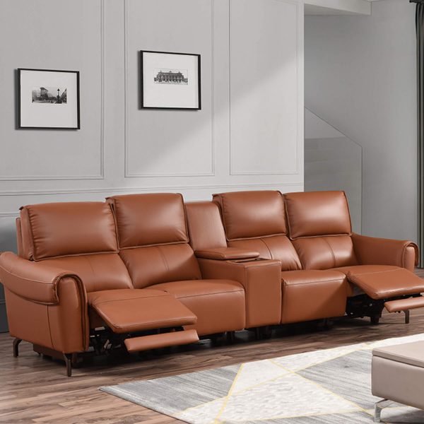 Euston 4 Seater with Wireless Charger Console - Tan Genuine Italian Leather Sofa (Electric Reclining)
