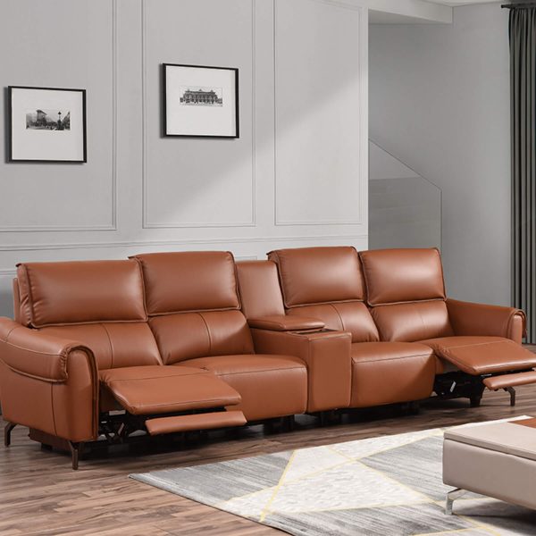 Euston Jumbo 4 Seater with Wireless Charger Console - Tan Genuine Italian Leather Sofa (Electric Reclining)