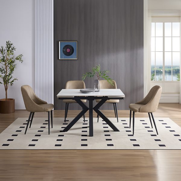 Rialto Small Extending Dining Table - White Sintered Stone + Rialto Warm Taupe Diamond Stitch Chairs