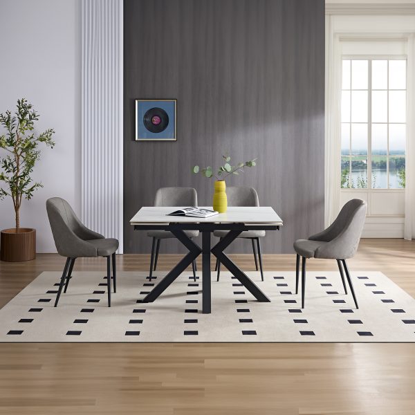 Rialto Small Extending Dining Table - White Sintered Stone + Rialto Seal Grey Diamond Stitch Chairs