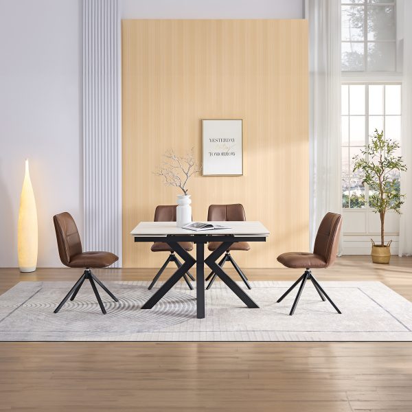 Rialto Small Extending Dining Table - White Sintered Stone + Rialto Vintage Brown Swivel Chairs