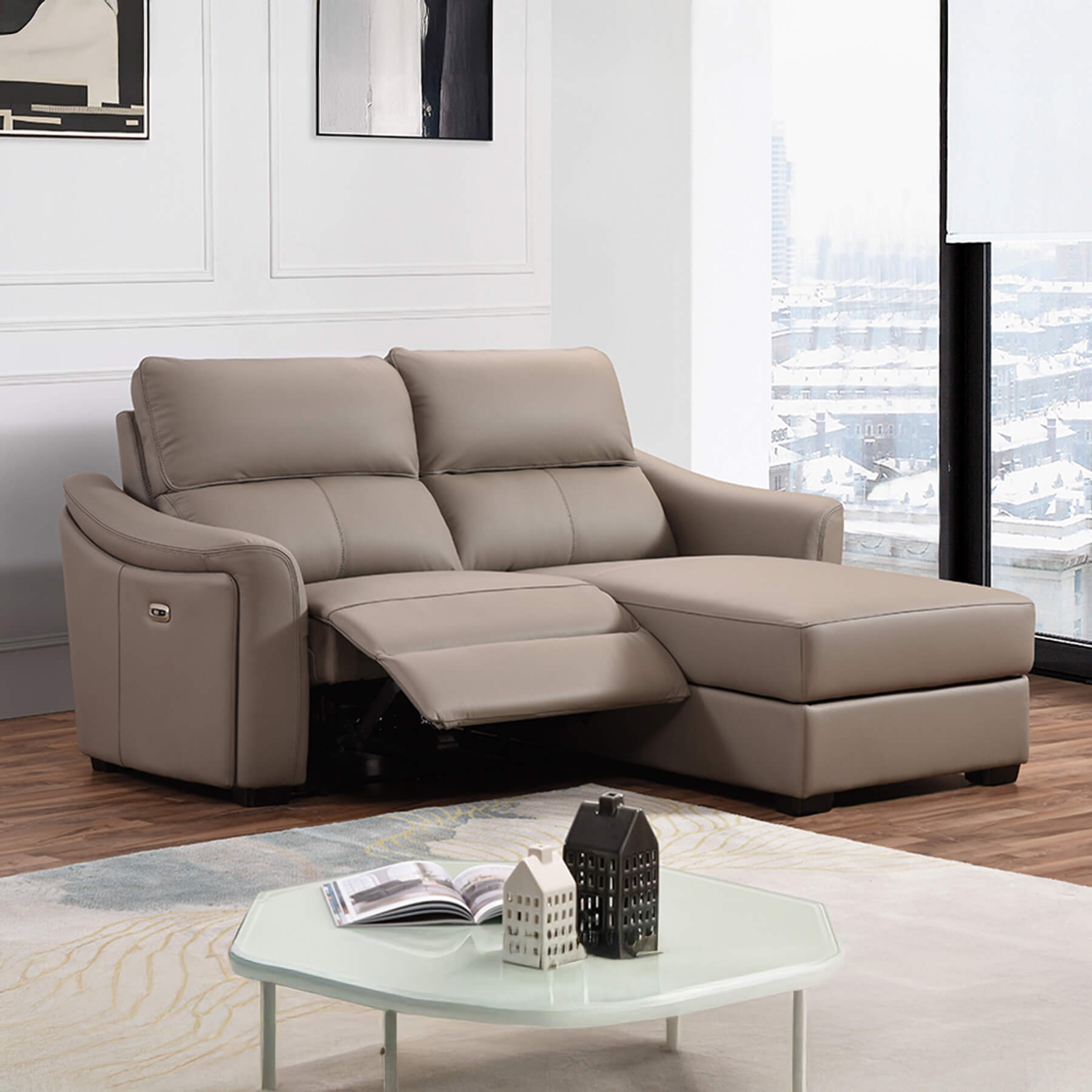 Kensington 2 Seater Chaise End - Jumbo Seat Size - Mushroom Genuine Italian Leather Sofa (Electric Reclining)