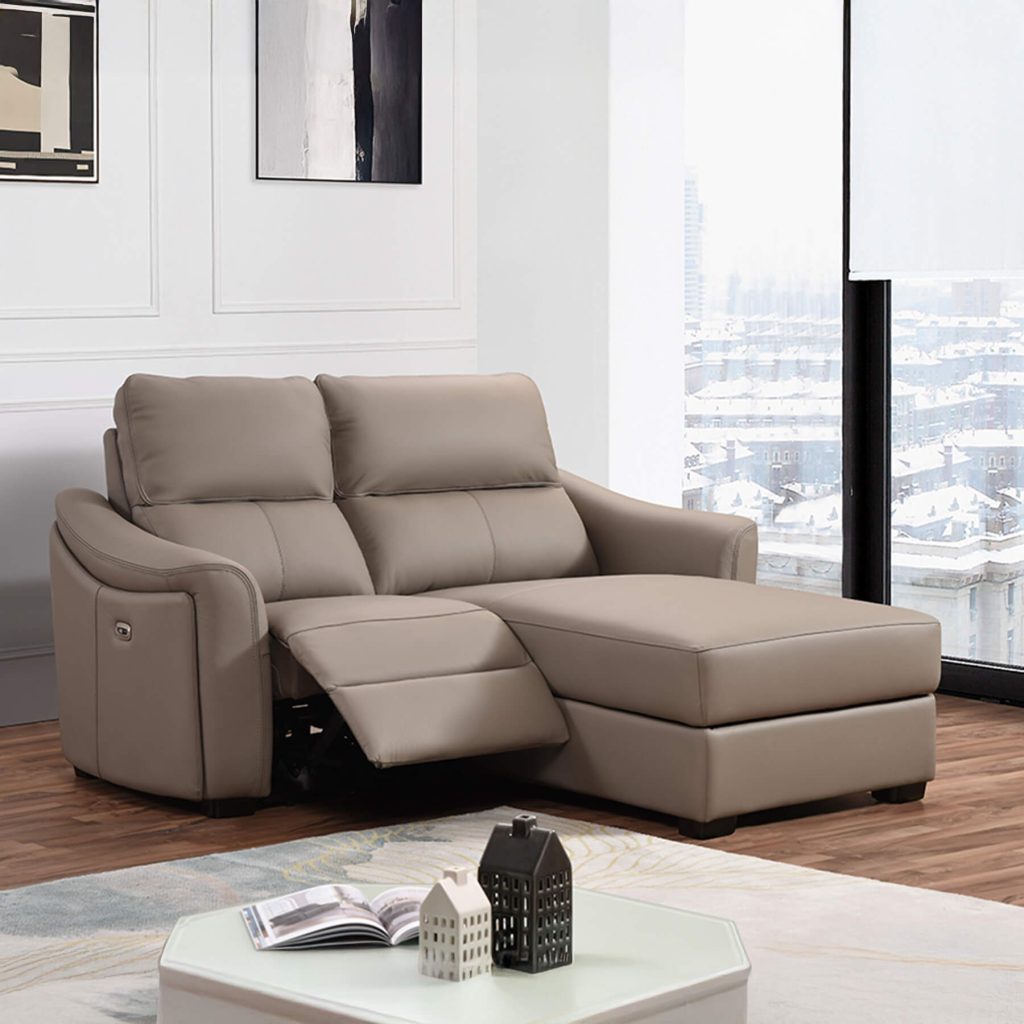 Kensington 2 Seater Chaise End - Standard Seat Size - Mushroom Genuine Italian Leather Sofa (Electric Reclining)
