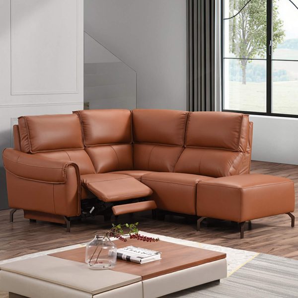Euston 1 + Corner + 1 + Footstool - Tan Genuine Italian Leather Sofa (Electric Reclining)
