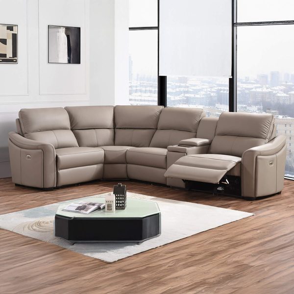 Kensington Jumbo 1 + Corner + 2 with Wireless Charger Console - Mushroom Genuine Italian Leather Sofa (Electric Reclining)