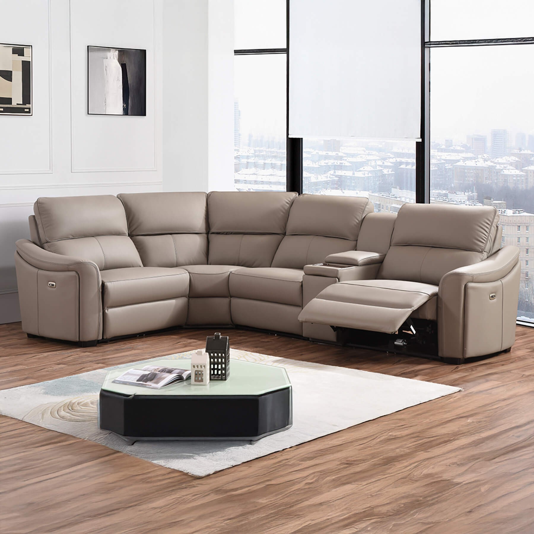 Kensington Jumbo 1 + Corner + 2 with Wireless Charger Console - Mushroom Genuine Italian Leather Sofa (Electric Reclining) - Image 2