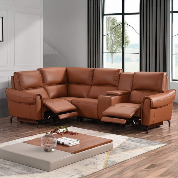 Euston 1 + Corner + 2 with Wireless Charger Console - Tan Genuine Italian Leather Sofa (Electric Reclining)