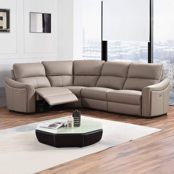 Kensington Jumbo 1 + Corner + 2 - Mushroom Genuine Italian Leather Sofa (Electric Reclining)