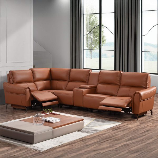 Euston Jumbo 1 + Corner + 3 with Wireless Charger Console - Tan Genuine Italian Leather Sofa (Electric Reclining)