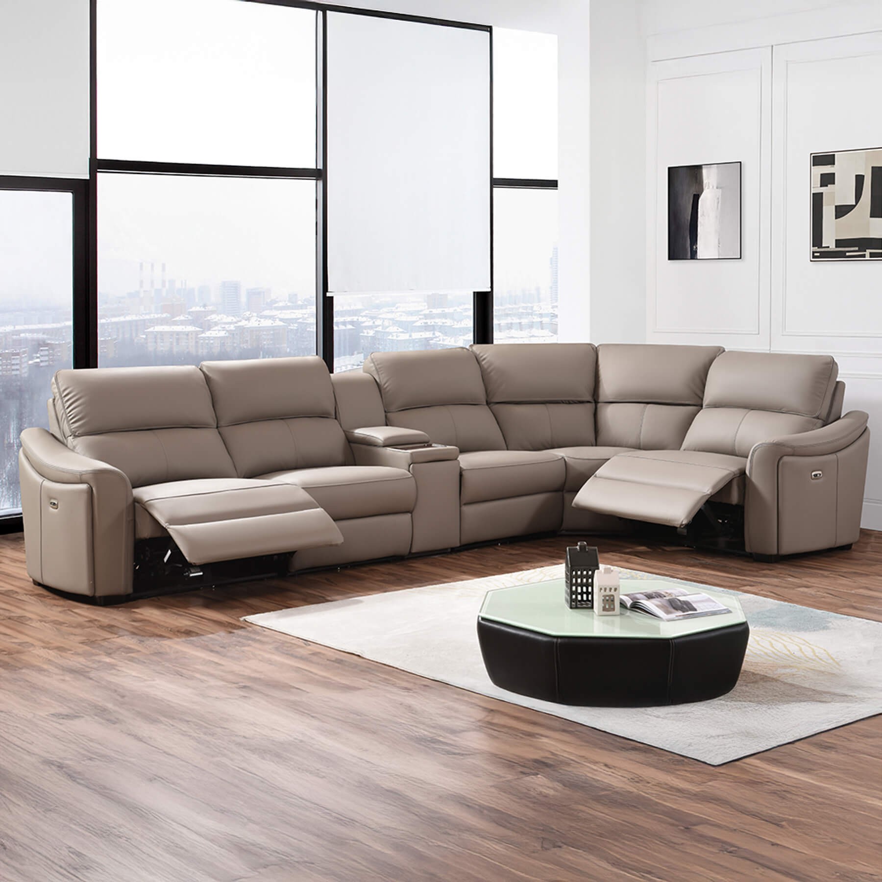 Kensington Jumbo 1 + Corner + 3 with Wireless Charger Console - Mushroom Genuine Italian Leather Sofa (Electric Reclining) - Image 3