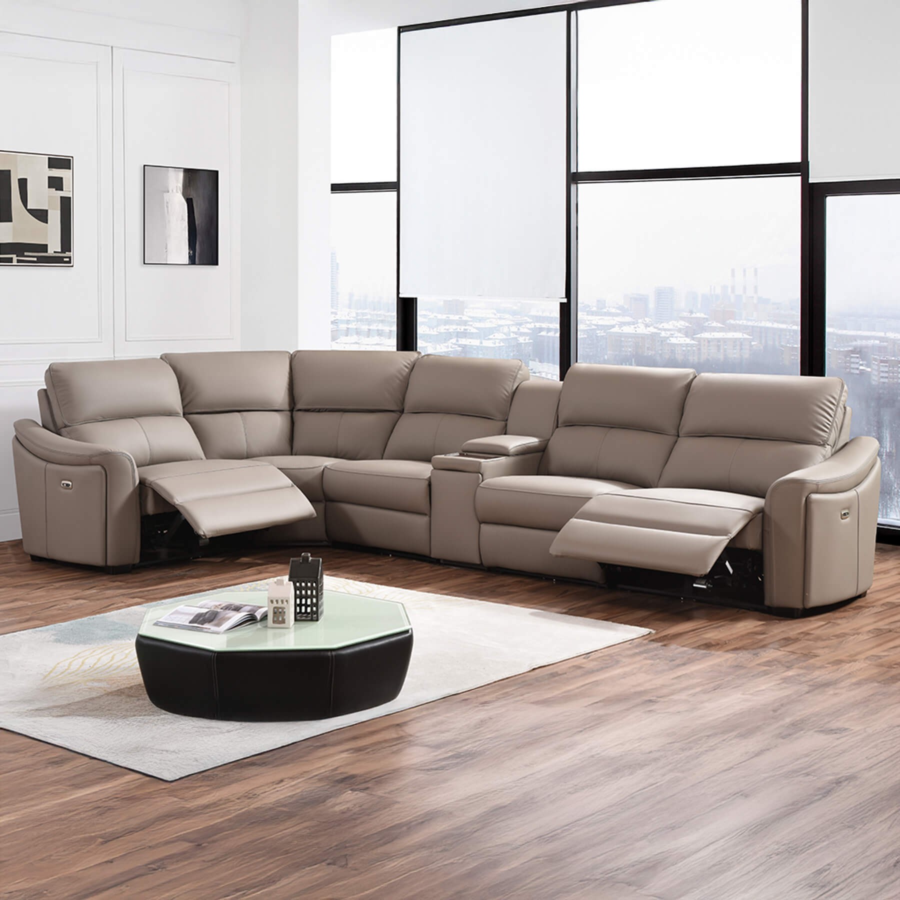 Kensington Jumbo 1 + Corner + 3 with Wireless Charger Console - Mushroom Genuine Italian Leather Sofa (Electric Reclining)