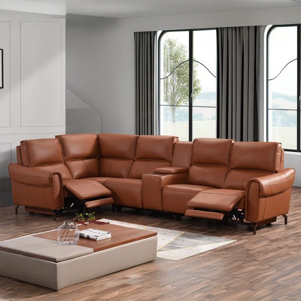 Euston 1 + Corner + 3 with Wireless Charger Console - Tan Genuine Italian Leather Sofa (Electric Reclining)