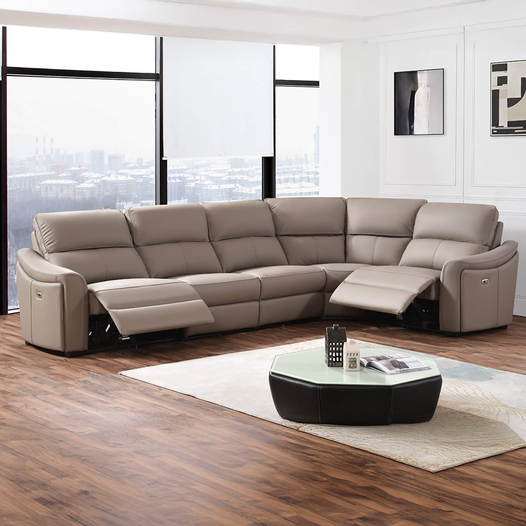 Kensington Jumbo 1 + Corner + 3 - Mushroom Genuine Italian Leather Sofa (Electric Reclining) - Image 3