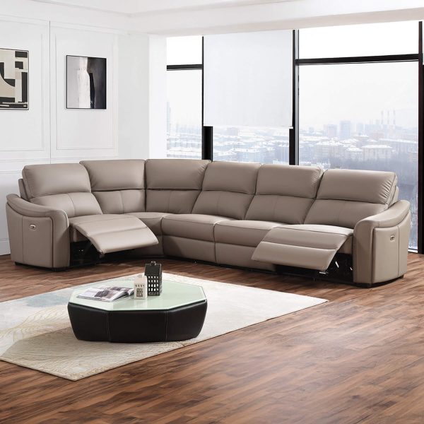 Kensington Jumbo 1 + Corner + 3 - Mushroom Genuine Italian Leather Sofa (Electric Reclining)