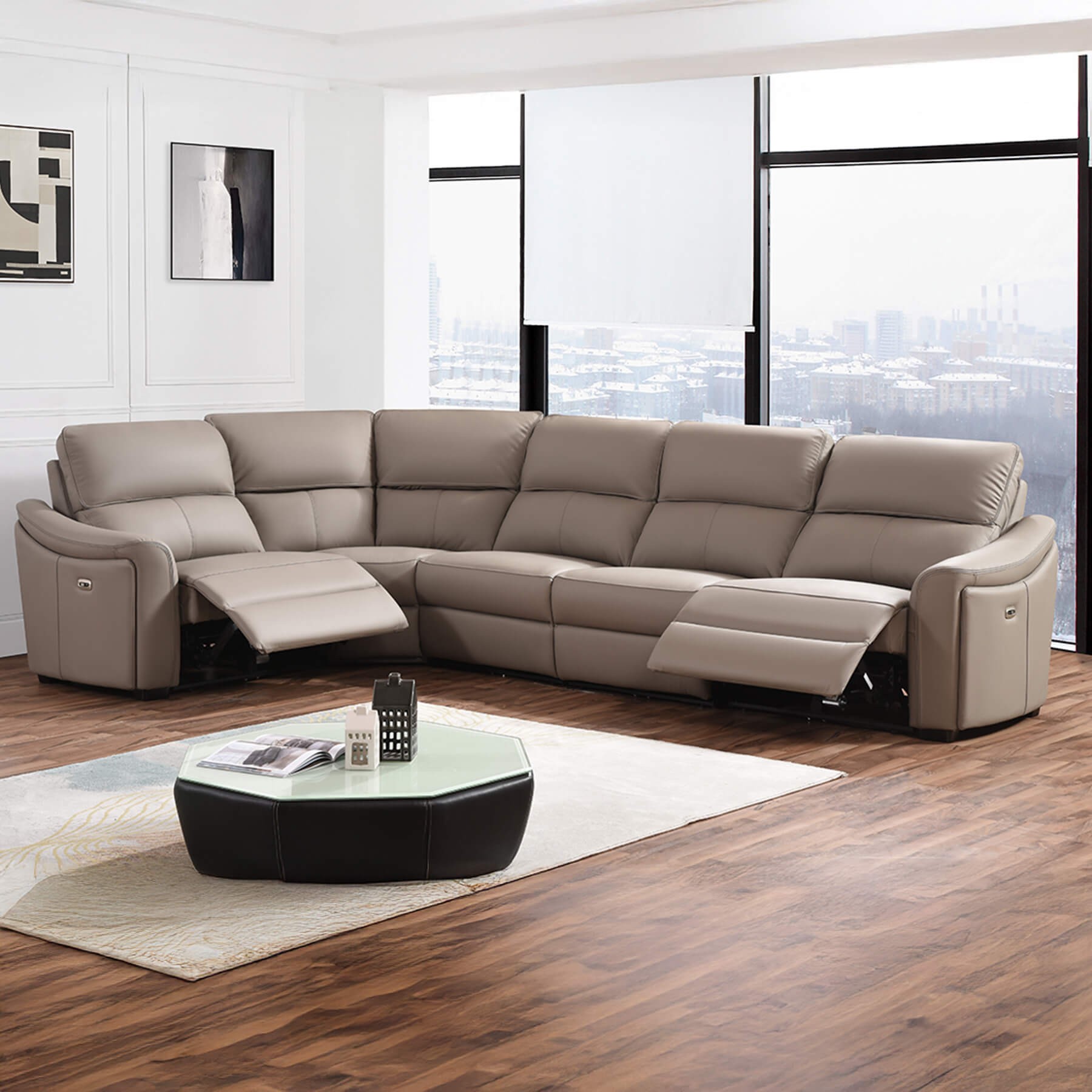 Kensington Jumbo 1 + Corner + 3 - Mushroom Genuine Italian Leather Sofa (Electric Reclining)