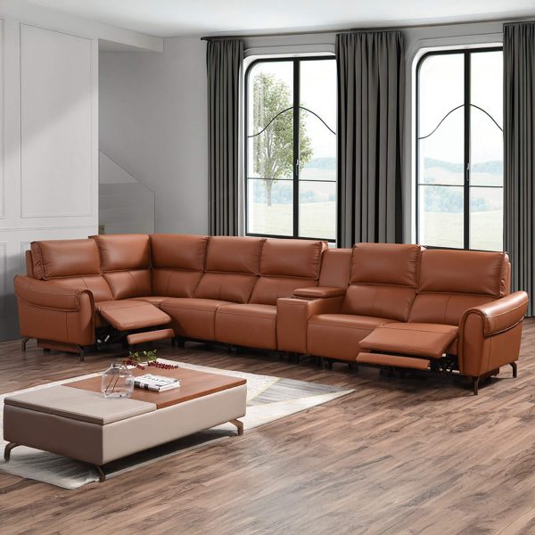 Euston Jumbo 1 + Corner + 4 with Wireless Charger Console - Tan Genuine Italian Leather Sofa (Electric Reclining)
