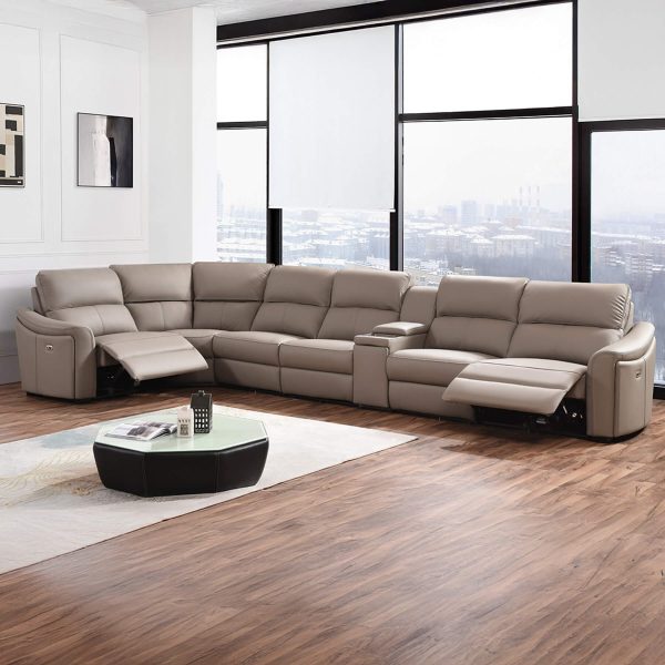 Kensington Jumbo 1 + Corner + 4 with Wireless Charger Console - Mushroom Genuine Italian Leather Sofa (Electric Reclining)