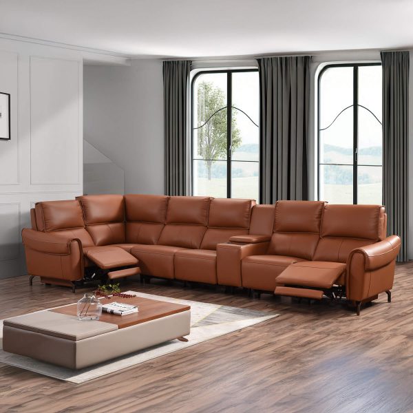 Euston 1 + Corner + 4 with Wireless Charger Console - Tan Genuine Italian Leather Sofa (Electric Reclining)