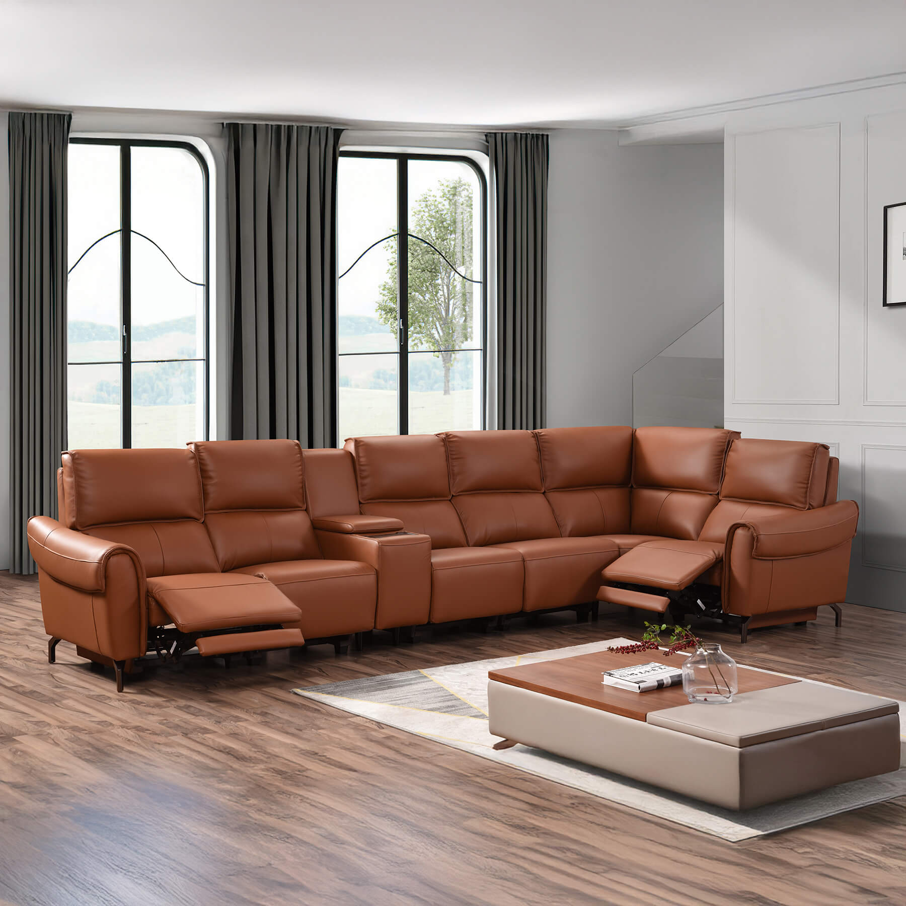 Euston 1 + Corner + 4 with Wireless Charger Console - Tan Genuine Italian Leather Sofa (Electric Reclining) - Image 3