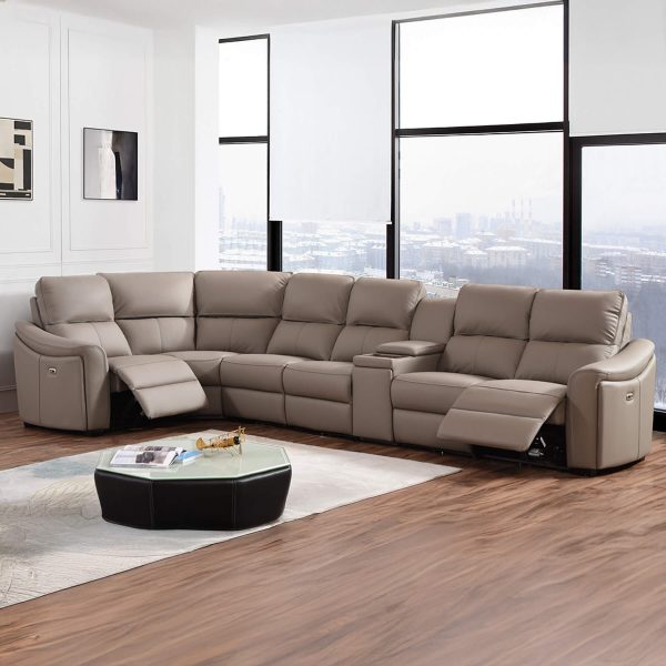 Kensington 1 + Corner + 4 with Wireless Charger Console - Standard Seat Size - Mushroom Genuine Italian Leather Sofa (Electric Reclining)