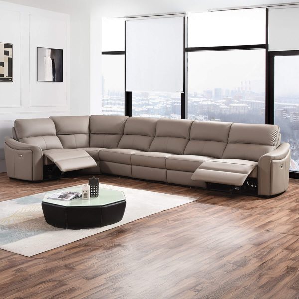 Kensington Jumbo 1 + Corner + 4 - Mushroom Genuine Italian Leather Sofa (Electric Reclining)
