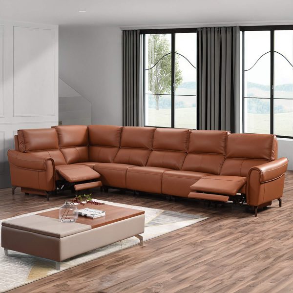 Euston Jumbo 1 + Corner + 4 - Tan Genuine Italian Leather Sofa (Electric Reclining)