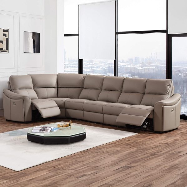 Kensington 1 + Corner + 4 - Standard Seat Size - Mushroom Genuine Italian Leather Sofa (Electric Reclining)
