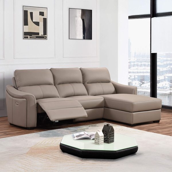 Kensington 3 Seater Chaise End with Jumbo Seat Size - Mushroom Genuine Italian Leather Sofa (Electric Reclining)