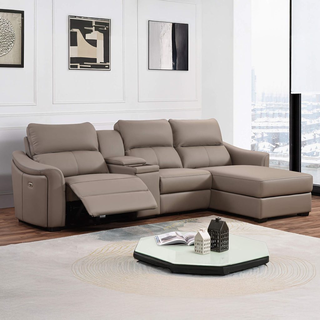 Kensington 3 Seater Chaise End with Wireless Charger Console - Jumbo Seat Size - Mushroom Genuine Italian Leather Sofa (Electric Reclining)