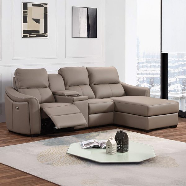Kensington 3 Seater Chaise End with Wireless Charger Console - Standard Seat Size - Mushroom Genuine Italian Leather Sofa (Electric Reclining)