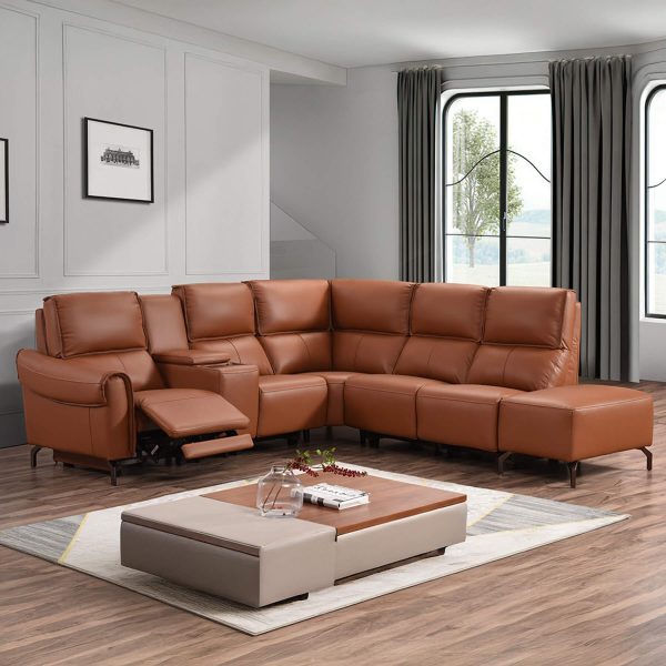 Euston 2 + Corner + 2 with Wireless Charger Console & Footstool - Tan Genuine Italian Leather Sofa (Electric Reclining)