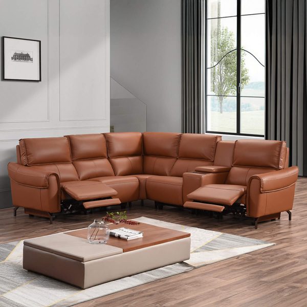 Euston Jumbo 2 + Corner + 2 with Wireless Charger Console - Tan Genuine Italian Leather Sofa (Electric Reclining)