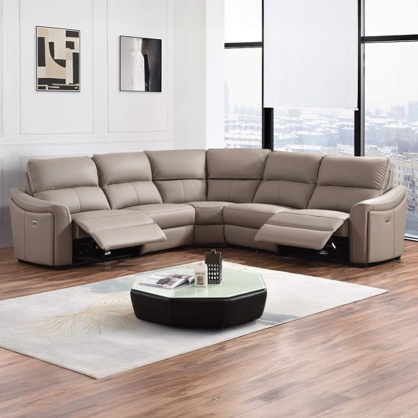 Kensington Jumbo 2 + Corner + 2 - Mushroom Genuine Italian Leather Sofa (Electric Reclining)