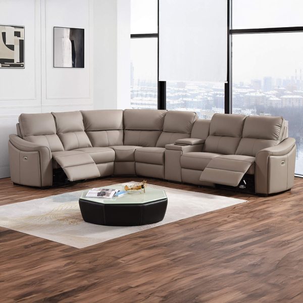 Kensington 2 + Corner + 3 with Wireless Charger Console - Standard Seat Size - Mushroom Genuine Italian Leather Sofa (Electric Reclining)