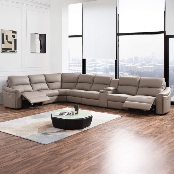 Kensington Jumbo 2 + Corner + 4 with Wireless Charger Console - Mushroom Genuine Italian Leather Sofa (Electric Reclining)