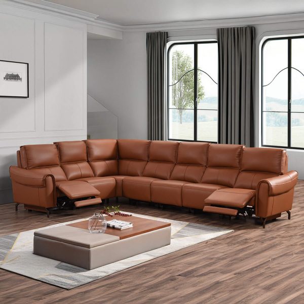 Euston 2 + Corner + 4 - Tan Genuine Italian Leather Sofa (Electric Reclining)