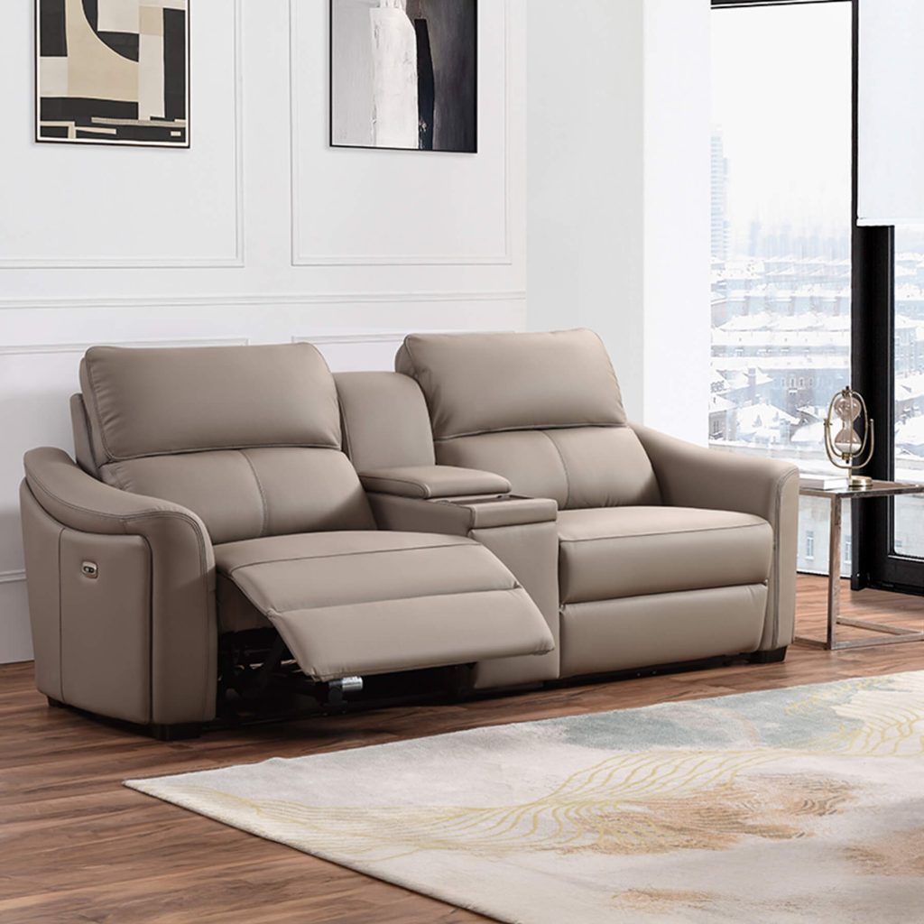 Kensington 2 Seater with Wireless Charger Console - Jumbo Seat Size - Mushroom Genuine Italian Leather Sofa (Electric Reclining)
