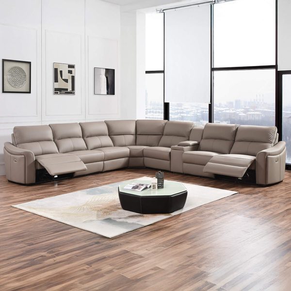 Kensington Jumbo 3 + Corner + 3 with Wireless Charger Console - Mushroom Genuine Italian Leather Sofa (Electric Reclining)