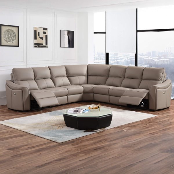 Kensington 3 + Corner + 3 - Standard Seat Size - Mushroom Genuine Italian Leather Sofa (Electric Reclining)