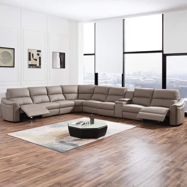 Kensington Jumbo 3 + Corner + 4 with Wireless Charger Console - Mushroom Genuine Italian Leather Sofa (Electric Reclining)