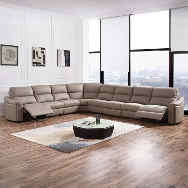 Kensington Jumbo 3 + Corner + 4 - Mushroom Genuine Italian Leather Sofa (Electric Reclining)