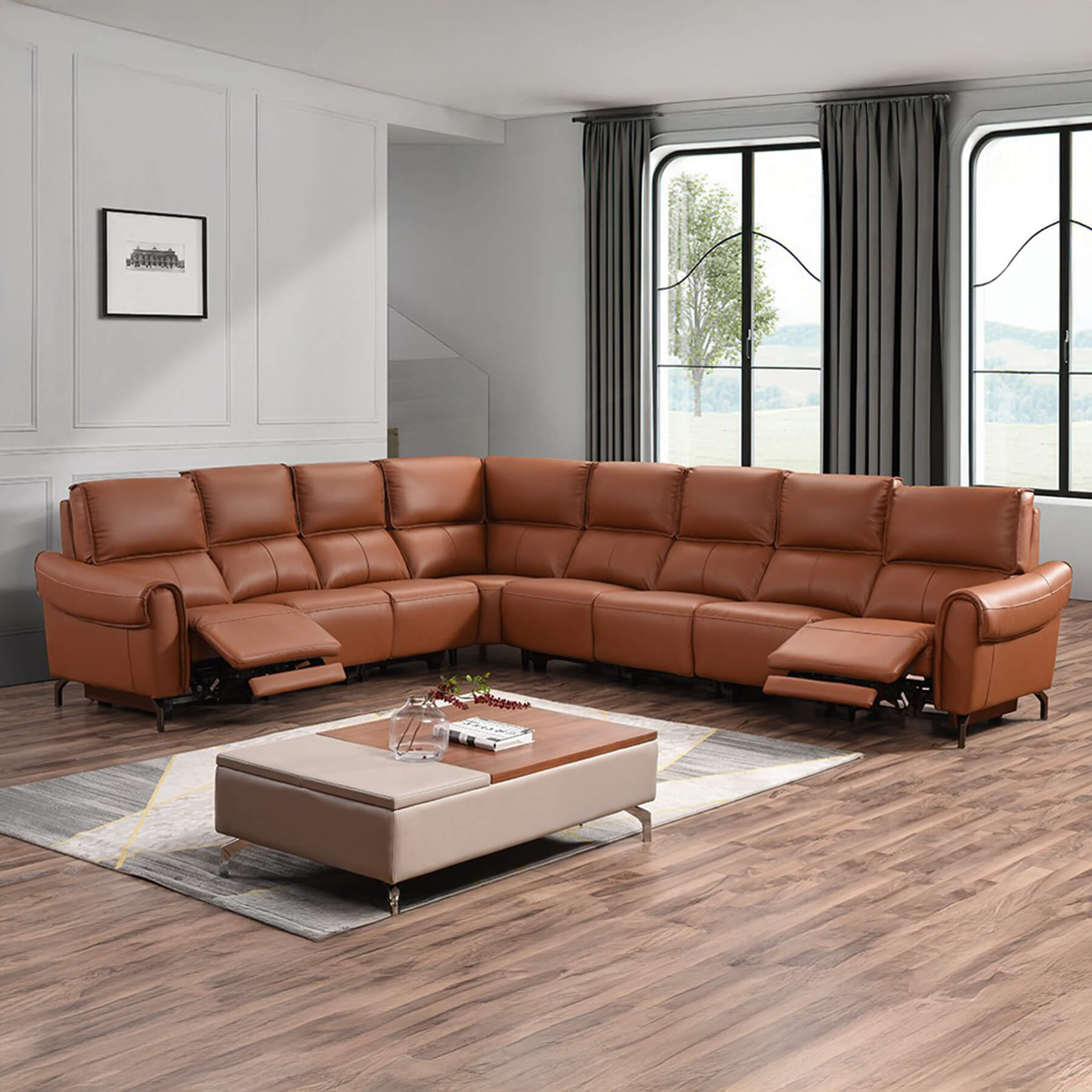 Euston 3 + Corner + 4 - Tan Genuine Italian Leather Sofa (Electric Reclining)