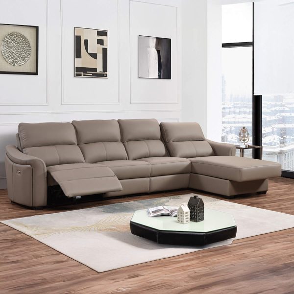 Kensington 4 Seater Chaise End with Jumbo Seat Size - Mushroom Genuine Italian Leather Sofa (Electric Reclining)