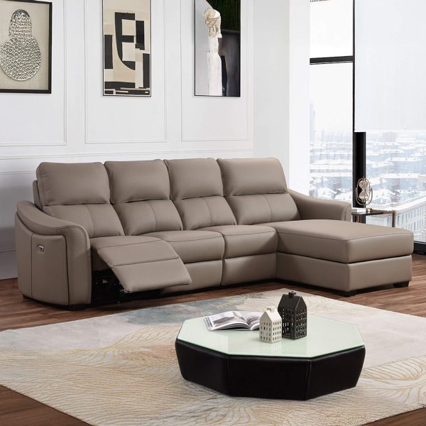 Kensington 4 Seater Chaise End with Standard Seat Size - Mushroom Genuine Italian Leather Sofa (Electric Reclining)